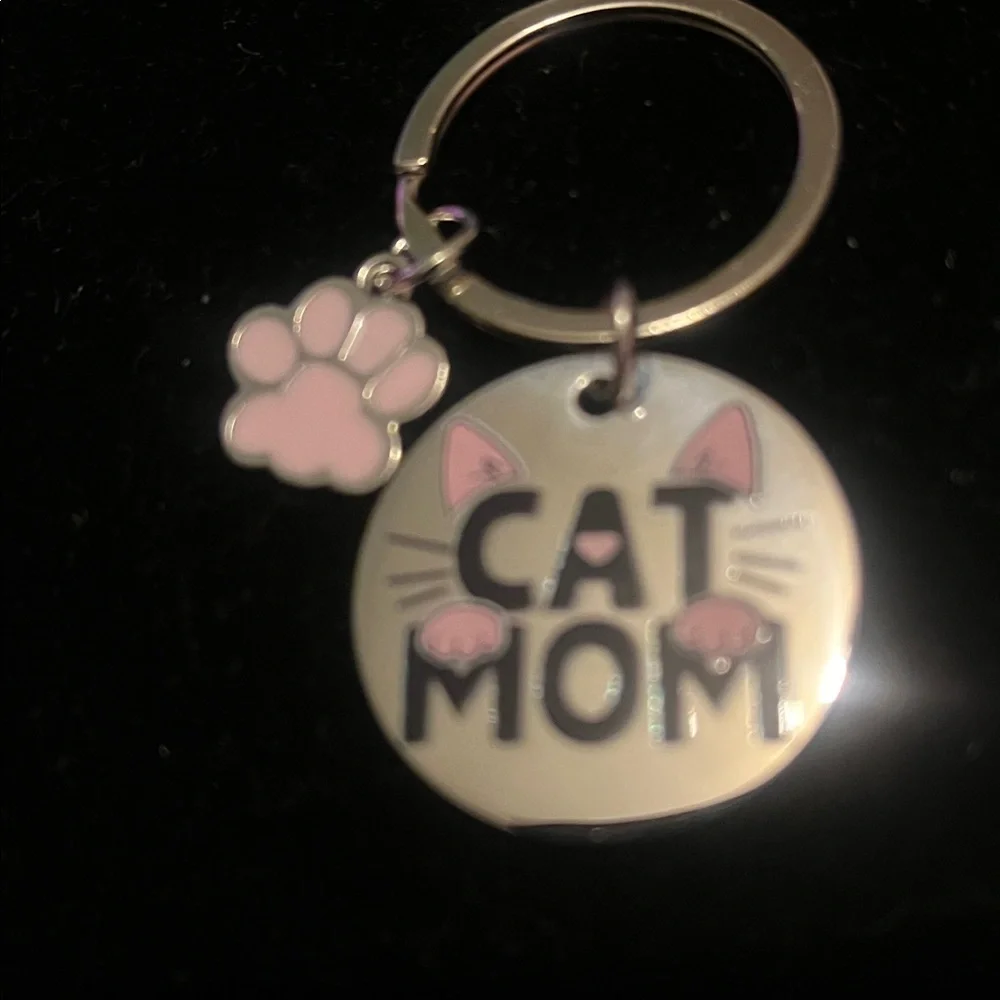 Cat Mom Keychain with Pink Paw Charm - Gold Tone